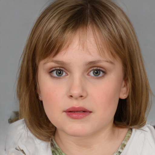 Neutral white child female with medium  brown hair and blue eyes