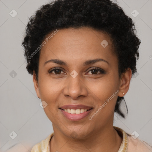 Joyful latino young-adult female with short  brown hair and brown eyes