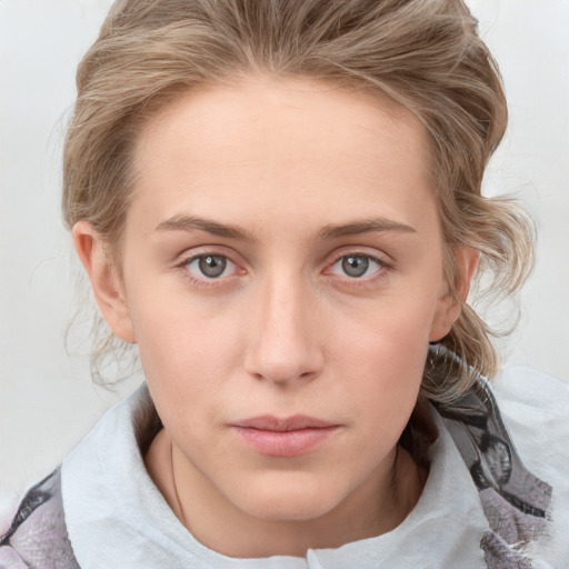 Neutral white young-adult female with medium  brown hair and blue eyes