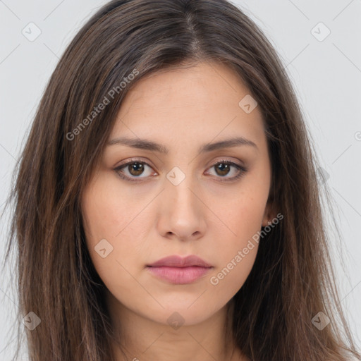 Neutral white young-adult female with long  brown hair and brown eyes