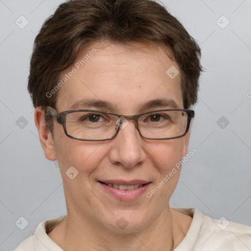 Joyful white adult female with short  brown hair and brown eyes