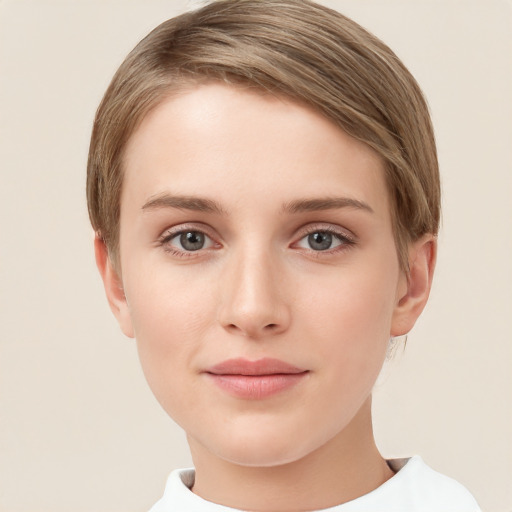 Neutral white young-adult female with short  brown hair and grey eyes