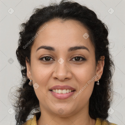 Joyful latino young-adult female with long  brown hair and brown eyes