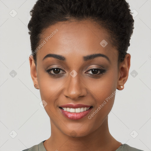 Joyful latino young-adult female with short  brown hair and brown eyes