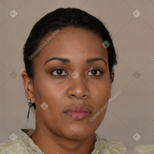 Neutral black young-adult female with short  brown hair and brown eyes