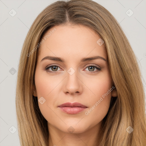 Neutral white young-adult female with long  brown hair and brown eyes