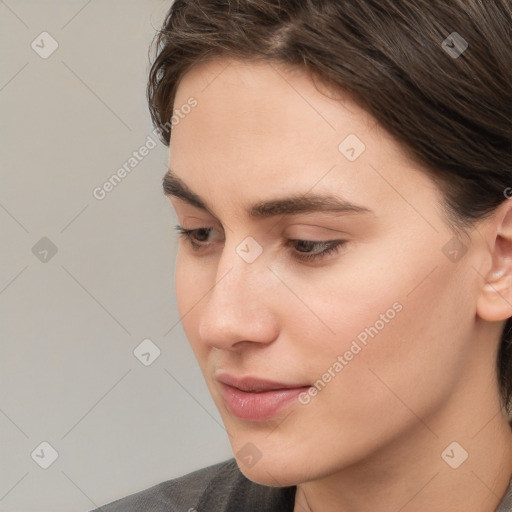 Neutral white young-adult female with short  brown hair and brown eyes