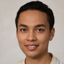 Joyful white young-adult male with short  black hair and brown eyes