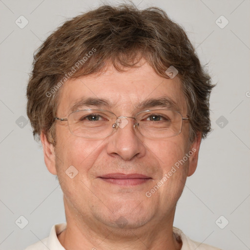 Joyful white adult male with short  brown hair and grey eyes