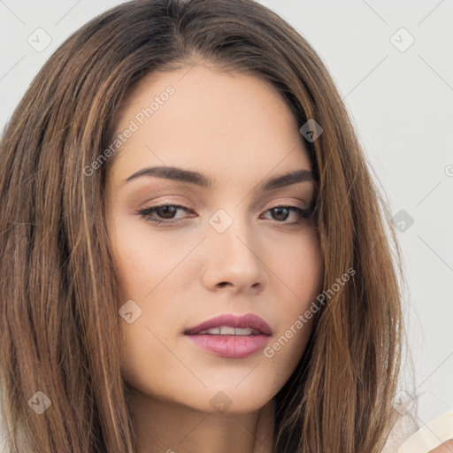 Neutral white young-adult female with long  brown hair and brown eyes