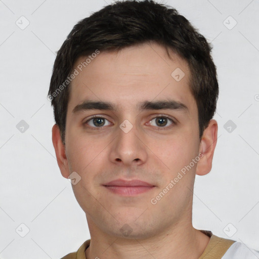 Neutral white young-adult male with short  brown hair and brown eyes