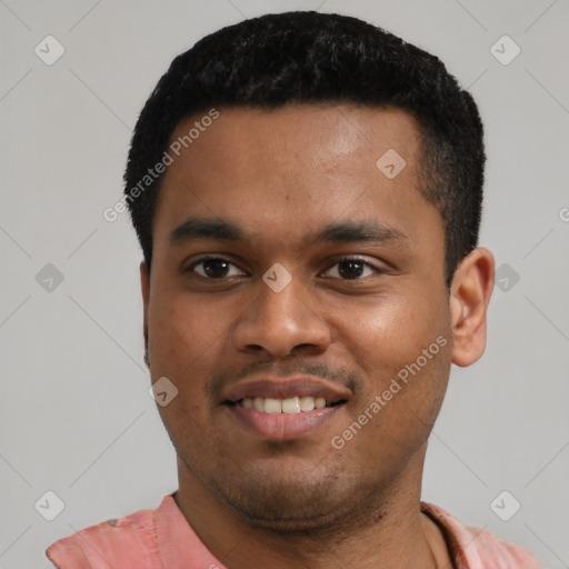 Joyful latino young-adult male with short  black hair and brown eyes