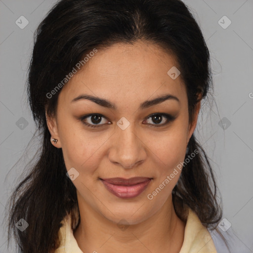 Joyful latino young-adult female with medium  brown hair and brown eyes