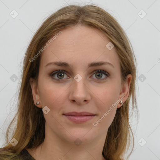 Joyful white young-adult female with long  brown hair and grey eyes