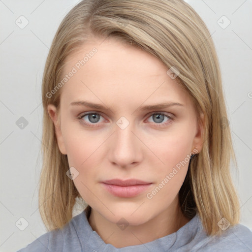 Neutral white young-adult female with medium  brown hair and blue eyes