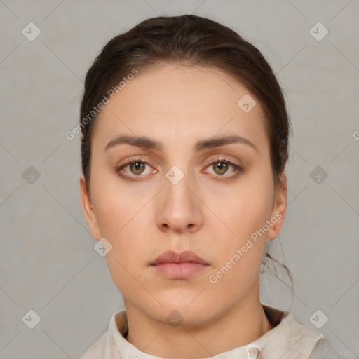 Neutral white young-adult female with short  brown hair and brown eyes