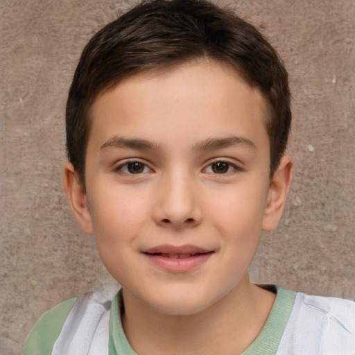 Joyful white child female with short  brown hair and brown eyes