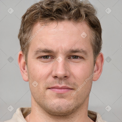 Neutral white young-adult male with short  brown hair and grey eyes