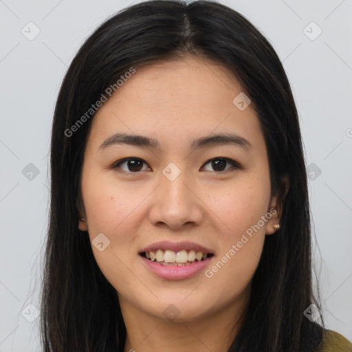 Joyful white young-adult female with long  brown hair and brown eyes