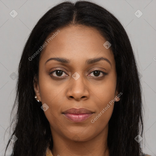 Joyful asian young-adult female with long  brown hair and brown eyes