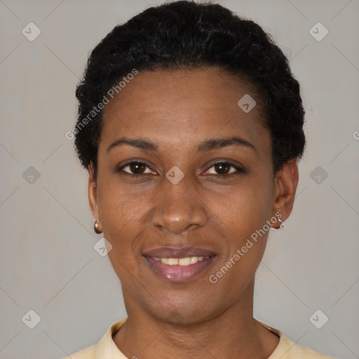 Joyful latino young-adult female with short  black hair and brown eyes