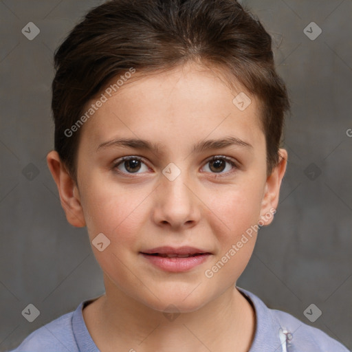 Joyful white child female with short  brown hair and brown eyes