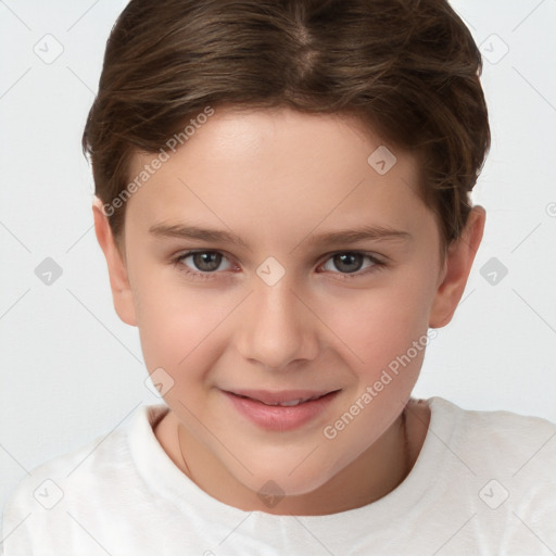 Joyful white child female with short  brown hair and brown eyes