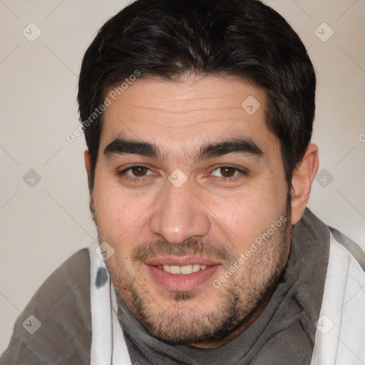 Joyful white young-adult male with short  brown hair and brown eyes