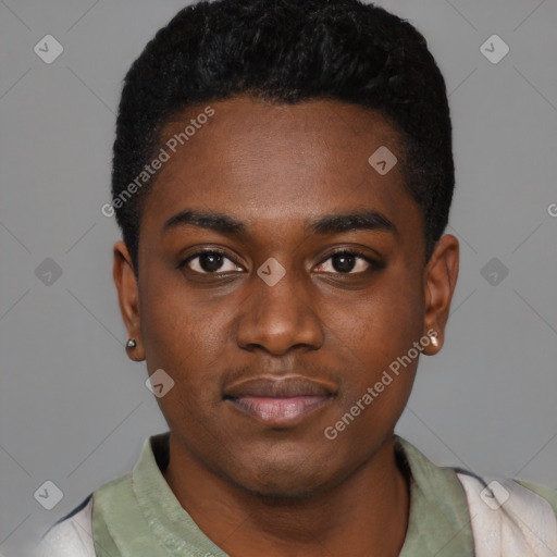 Neutral black young-adult male with short  black hair and brown eyes