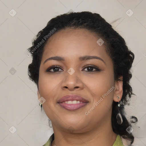 Joyful black young-adult female with medium  black hair and brown eyes