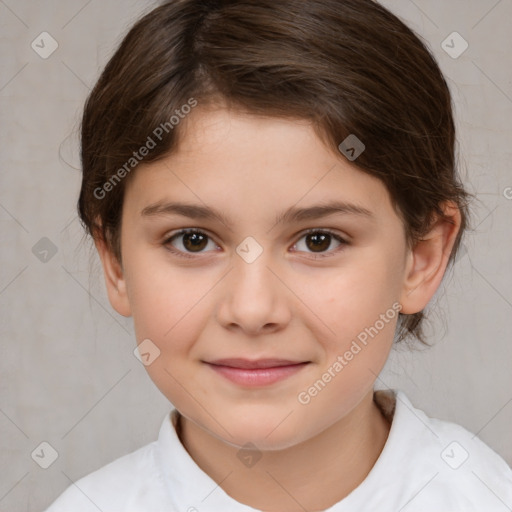 Joyful white child female with medium  brown hair and brown eyes