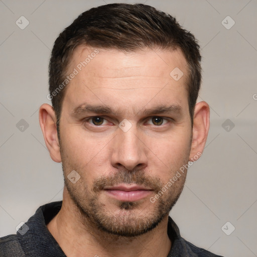 Neutral white young-adult male with short  brown hair and grey eyes