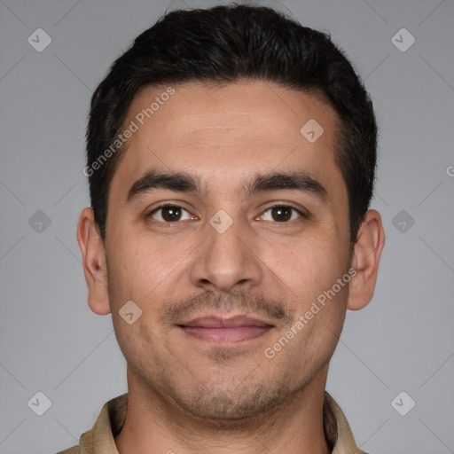 Joyful white young-adult male with short  brown hair and brown eyes