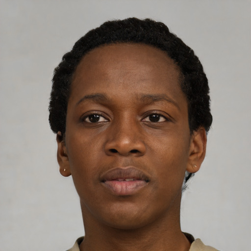 Neutral black young-adult female with short  black hair and brown eyes