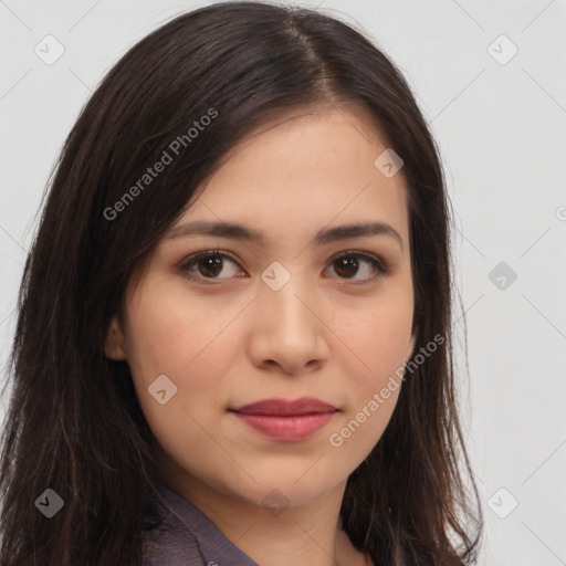 Joyful asian young-adult female with long  brown hair and brown eyes