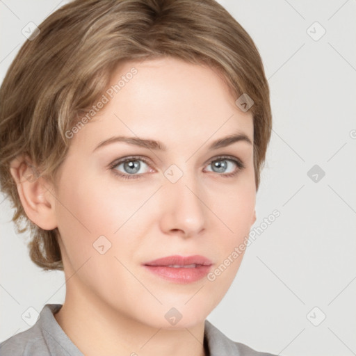 Neutral white young-adult female with medium  brown hair and grey eyes