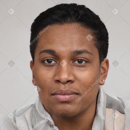 Neutral latino young-adult male with short  black hair and brown eyes