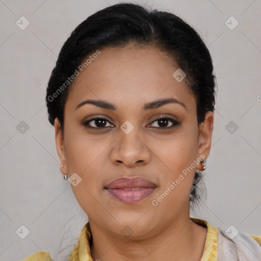 Joyful latino young-adult female with short  brown hair and brown eyes