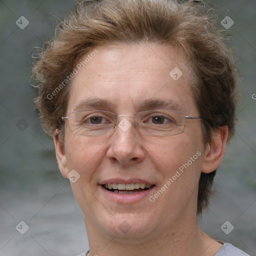 Joyful white adult female with short  brown hair and brown eyes