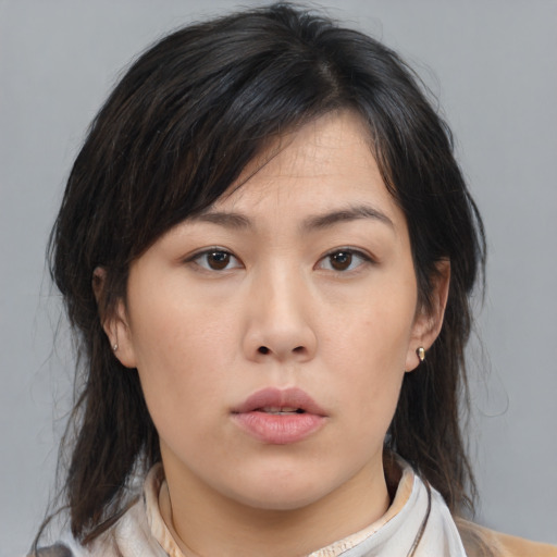 Neutral asian young-adult female with medium  brown hair and brown eyes