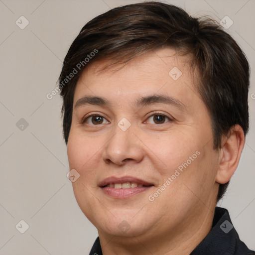 Joyful white adult male with short  brown hair and brown eyes