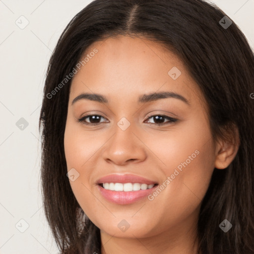 Joyful white young-adult female with long  brown hair and brown eyes