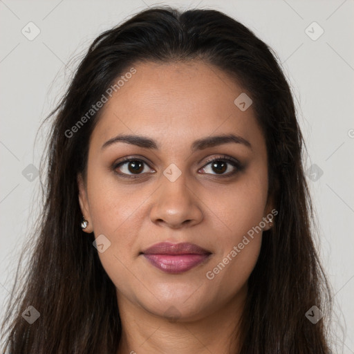 Joyful latino young-adult female with long  brown hair and brown eyes