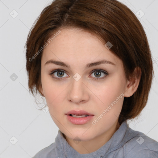 Neutral white young-adult female with medium  brown hair and brown eyes