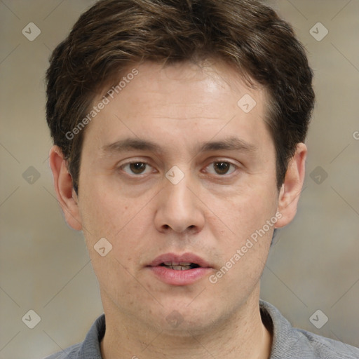 Neutral white adult male with short  brown hair and brown eyes