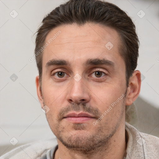 Neutral white adult male with short  brown hair and brown eyes