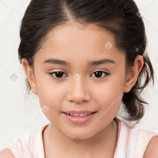 Joyful white child female with medium  brown hair and brown eyes