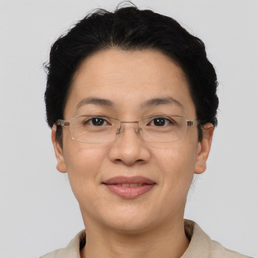 Joyful asian adult female with short  brown hair and brown eyes