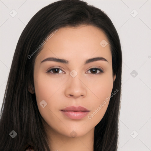 Neutral asian young-adult female with long  black hair and brown eyes