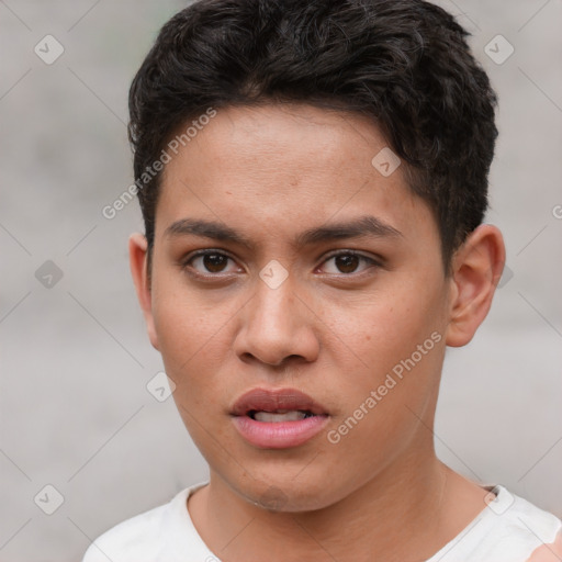 Neutral white young-adult female with short  brown hair and brown eyes